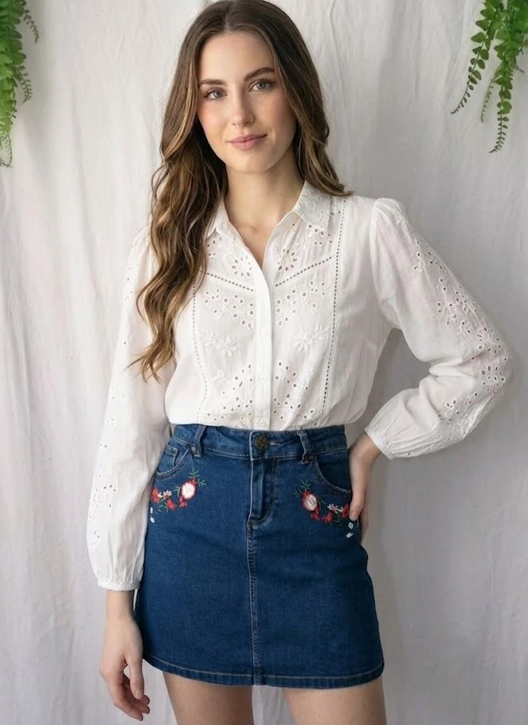 Dark blue denim skirt with floral embroidery "Naf Naf" – photo 6